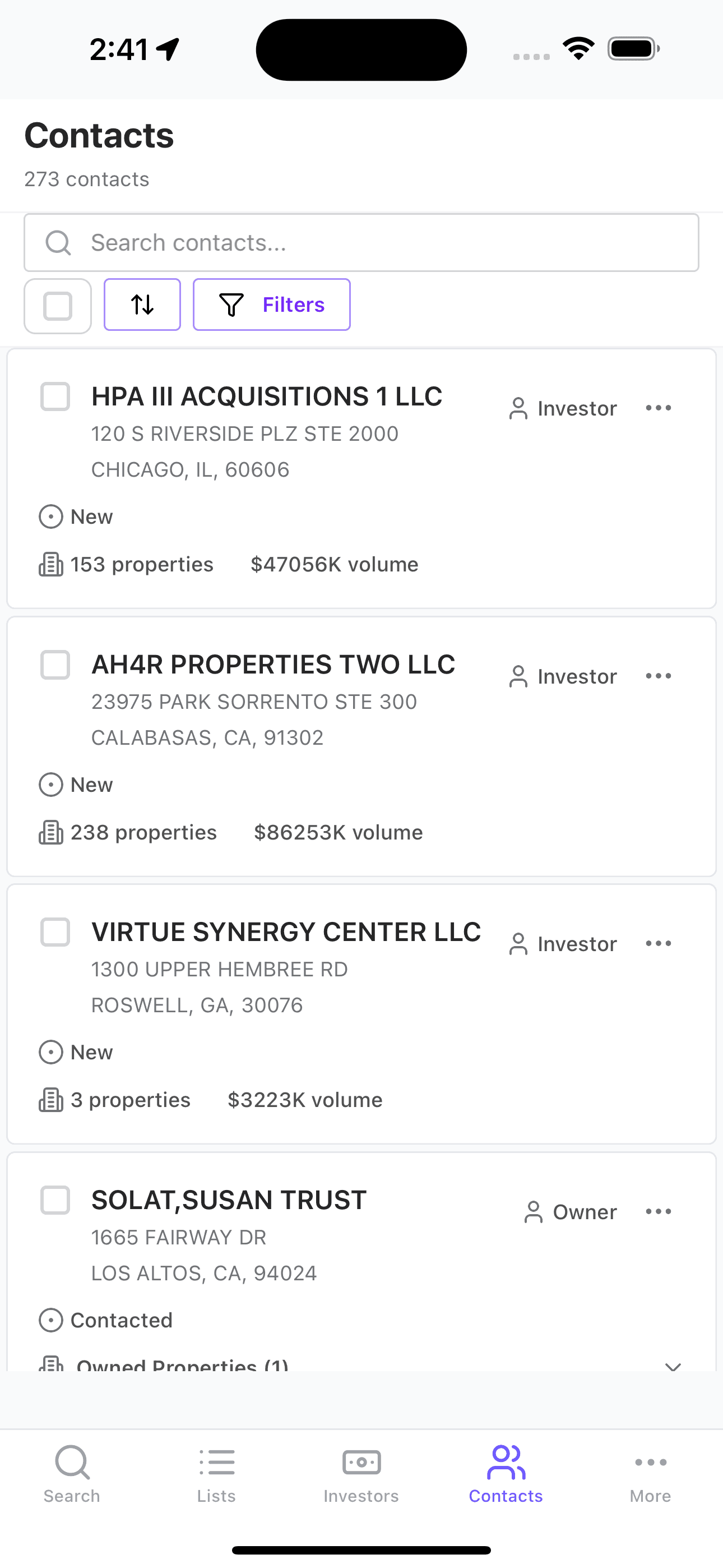Investor contact workflow in JustPropertySearch