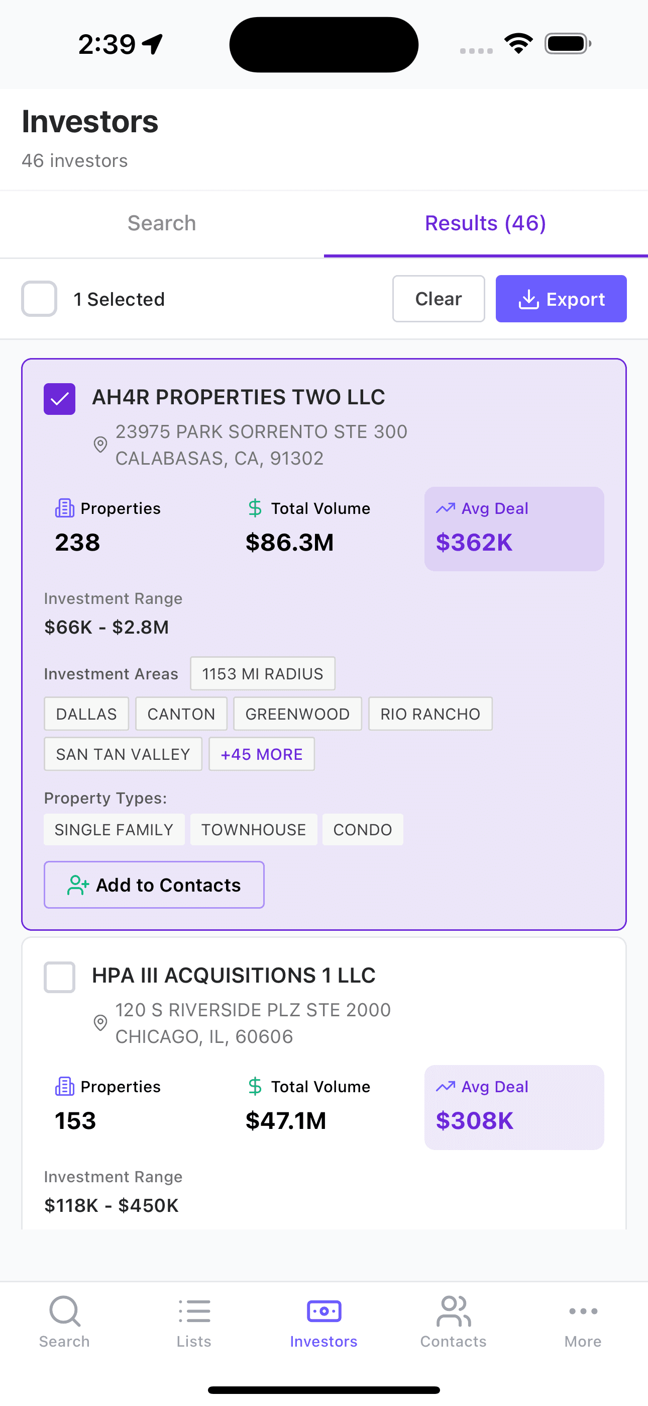 Investor search workflow inside JustPropertySearch