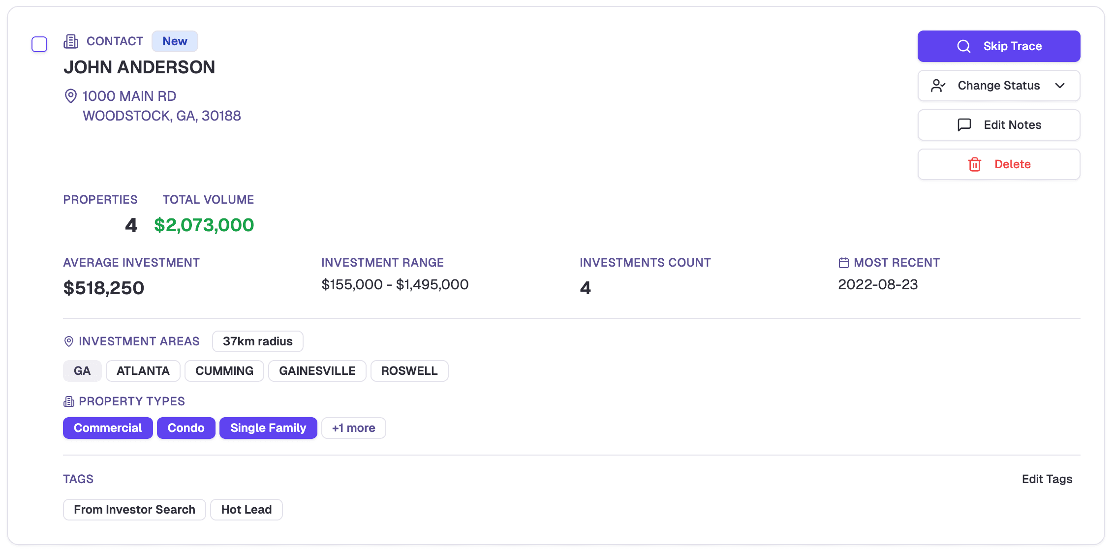Owner contact and investor record view in JustPropertySearch