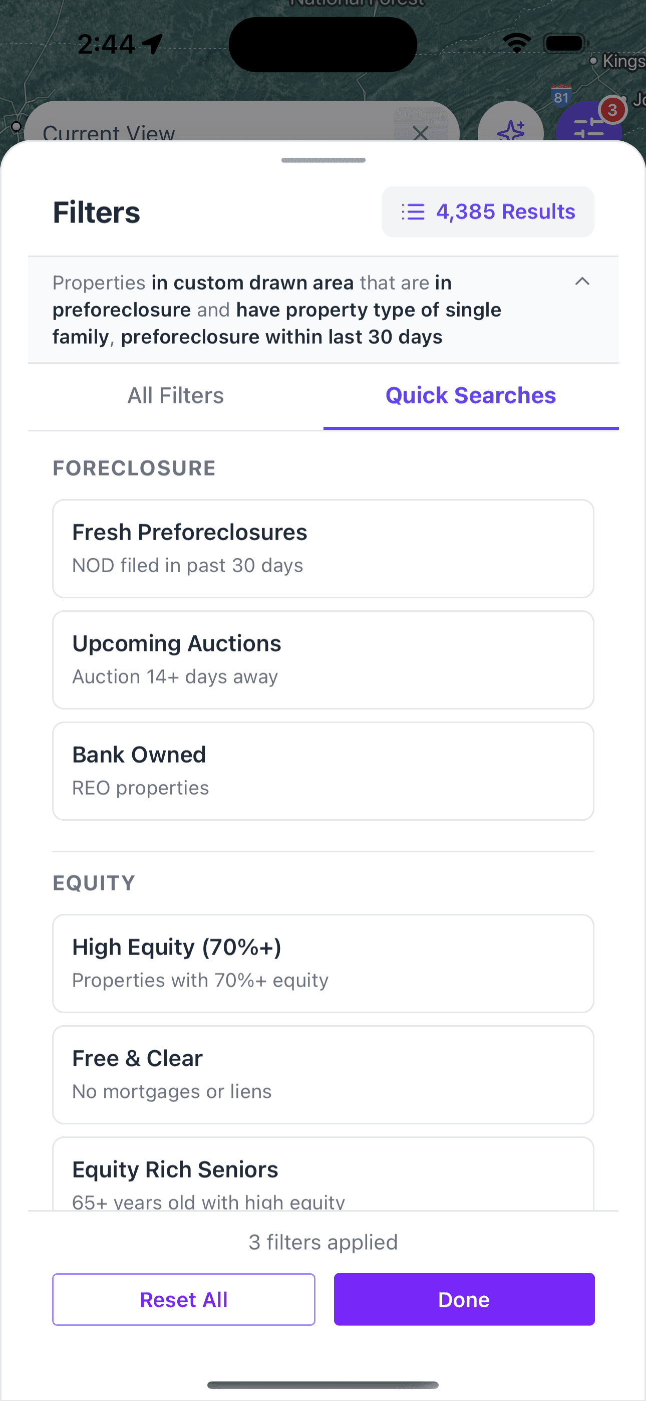Property filtering workflow in JustPropertySearch